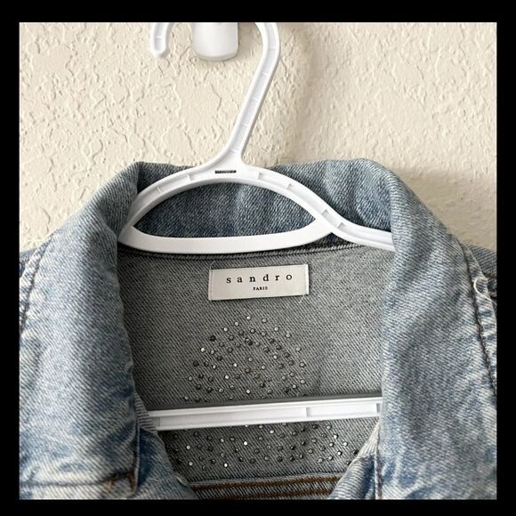 Sandro Blue Cuba To Paris Eriko Pearl Beaded Denim Button Jacket Size 1 Small - Picture 4 of 10